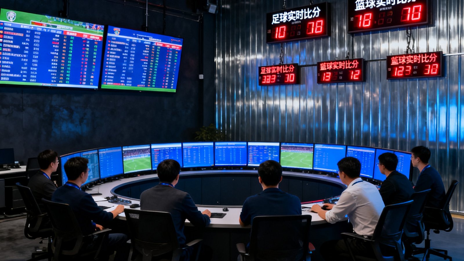 MKSports公司总部办公场景，数十名数据分析师围坐在弧形屏幕前，实时监控全球体育赛事数据流，墙上悬挂多块电子记分牌，展示足球和篮球的实时比分变化，室内采用深色调工业风装修，体现专业严谨的工作氛围。
